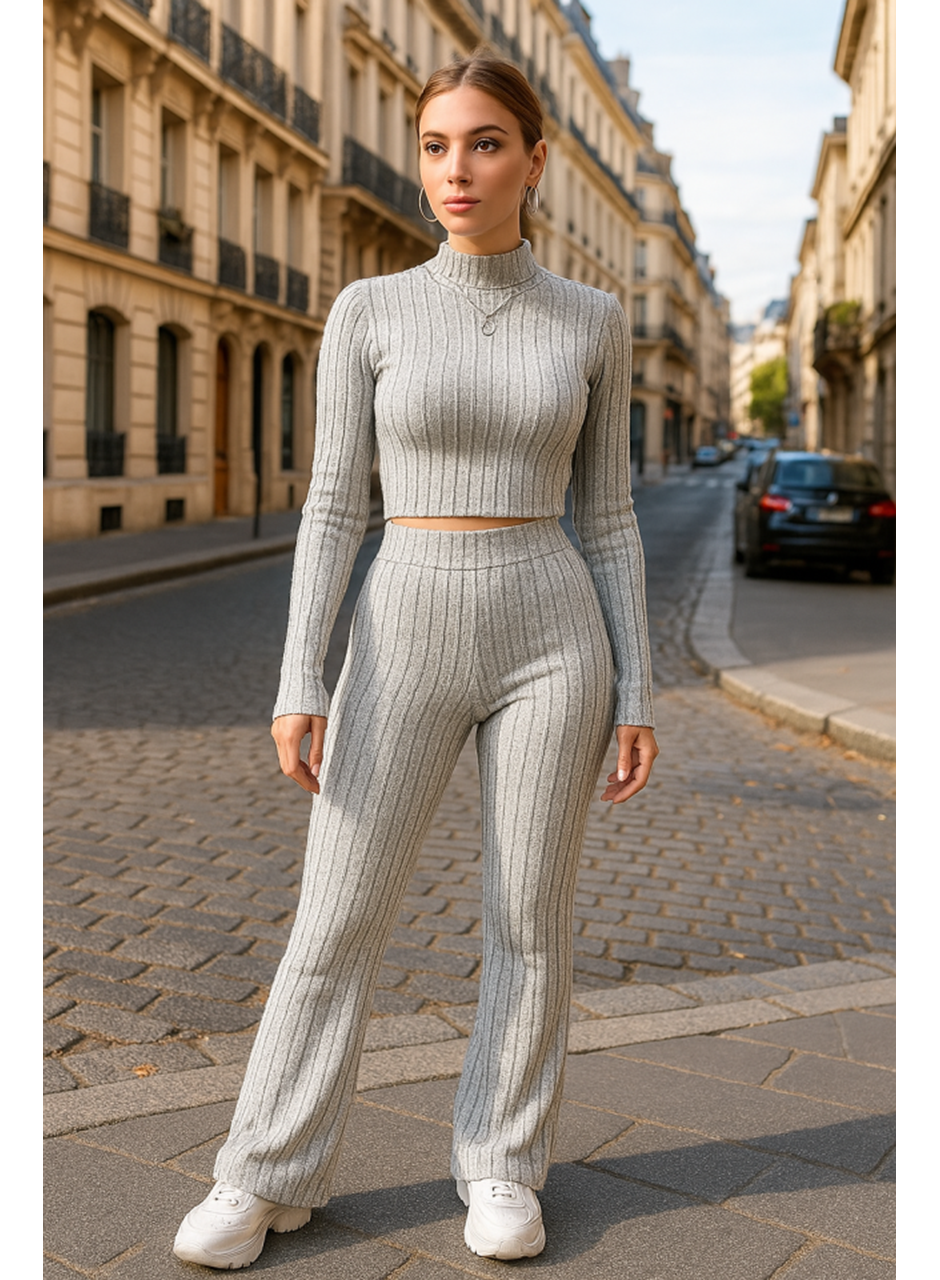 Kadın Uzun Kollu Balıkçı Yaka Krop Ve Pantolon şardonlu Kaşkorse Ikili Takım