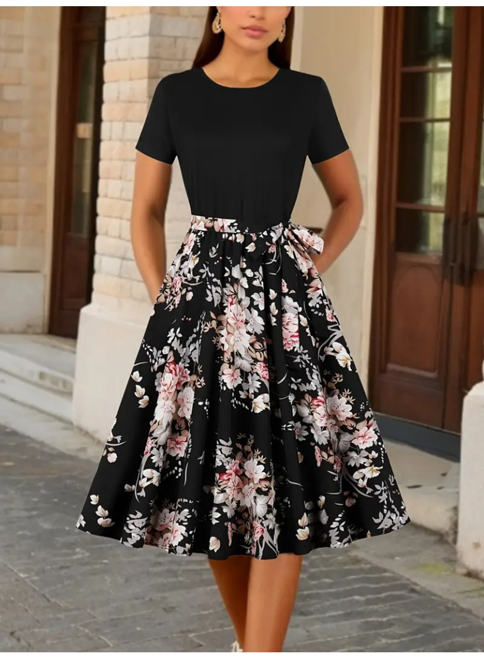 Kadın Kısa Kollu Bisiklet Yaka çiçek Desenli üst Viskon Alt Süprem Kısa Elbise