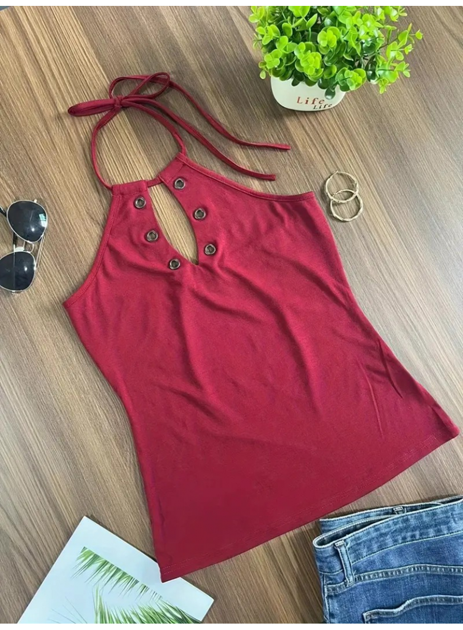 Kadın Askılı Kuş Gözü Ve Dekolte Detay Boyundan Bağlamalı Viskon Bluz