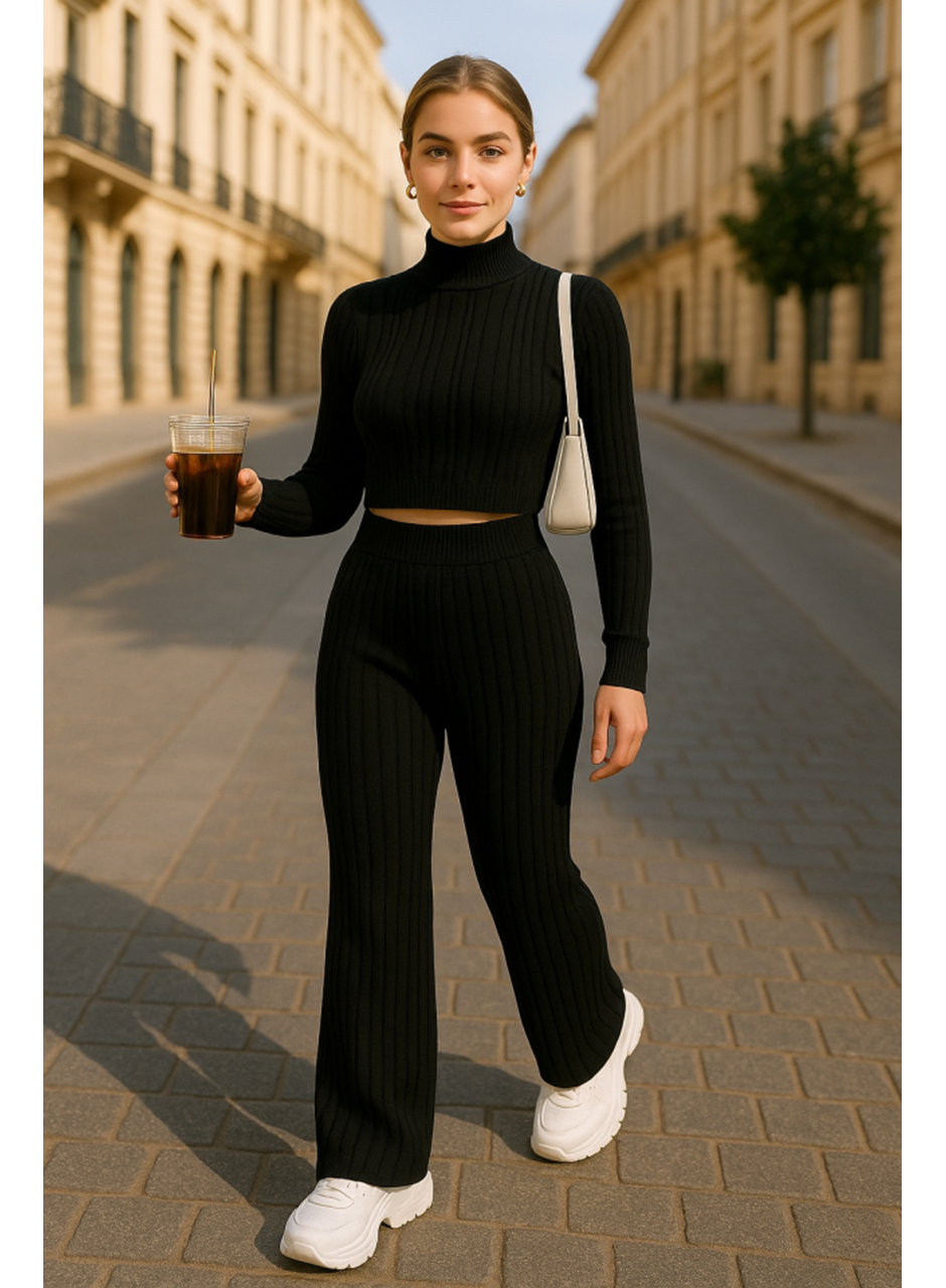 Kadın Uzun Kollu Balıkçı Yaka Krop Ve Pantolon şardonlu Kaşkorse Ikili Takım