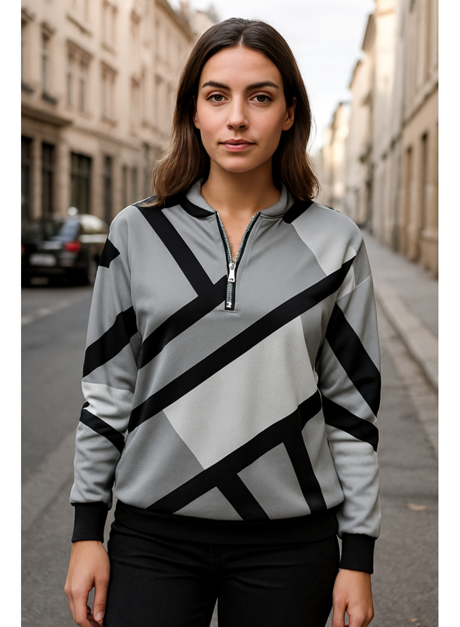 Kadın Uzun Kollu Yuvarlak Yaka Fermuarlı Desenli şardonlu Bluz