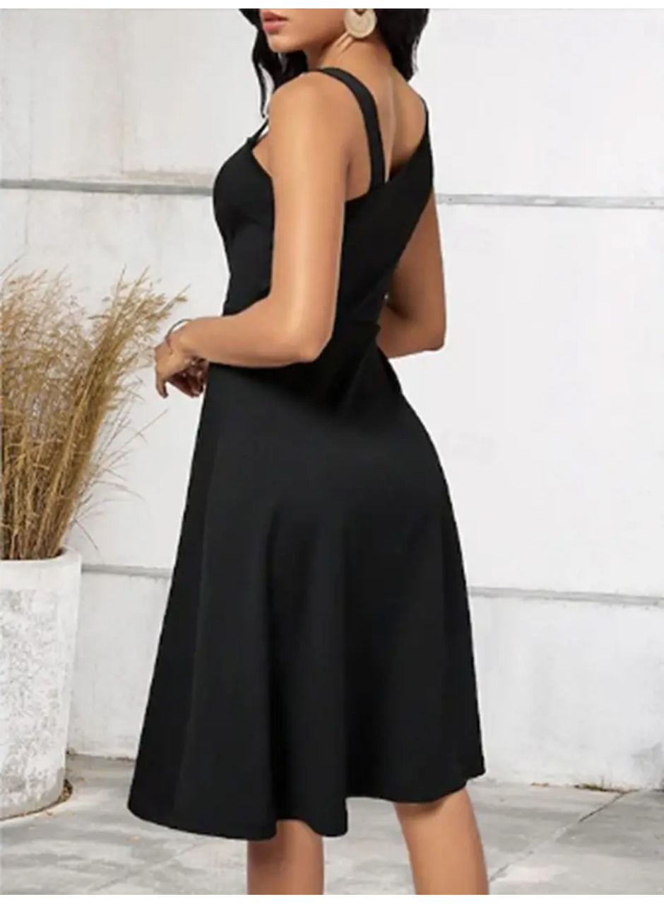 Kadın Tek Omuzu şerit Detaylı Sıfır Kol Yandan Düğme Detaylı Janjan Krep Elbise