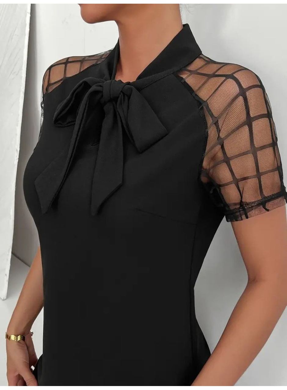 Kadın Kısa Kollu Boyundan Bağlamalı Omuzlarda Tül Detaylı Janjan Krep Elbise