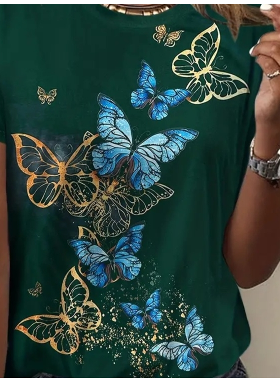 Kadın Kısa Kollu Mavi Sarı Kelebek Baskı Süprem Bluz