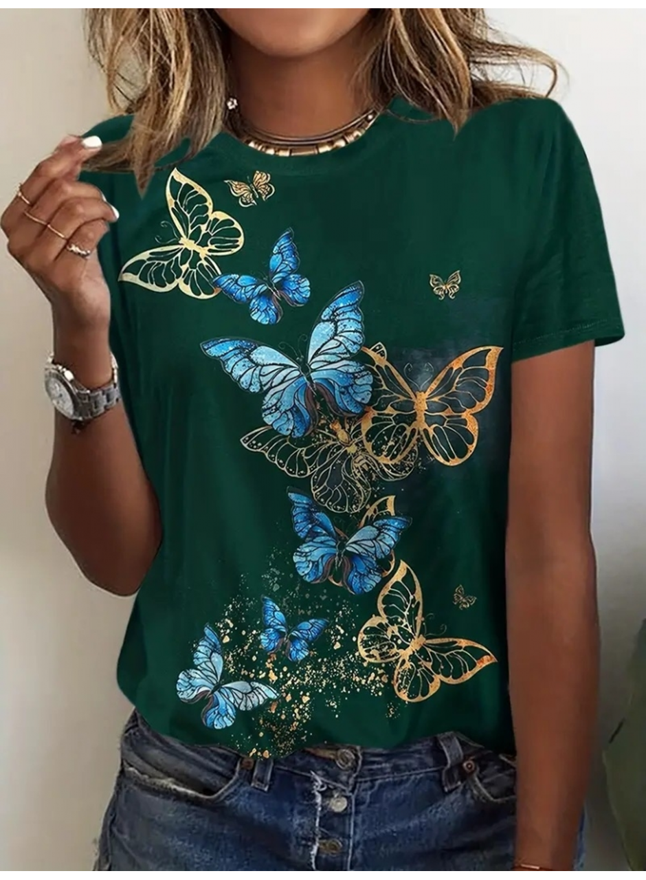 Kadın Kısa Kollu Mavi Sarı Kelebek Baskı Süprem Bluz