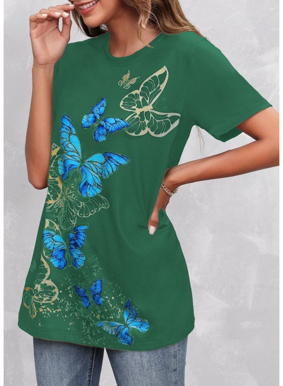 Kadın Kısa Kollu Mavi Sarı Kelebek Baskı Süprem Bluz