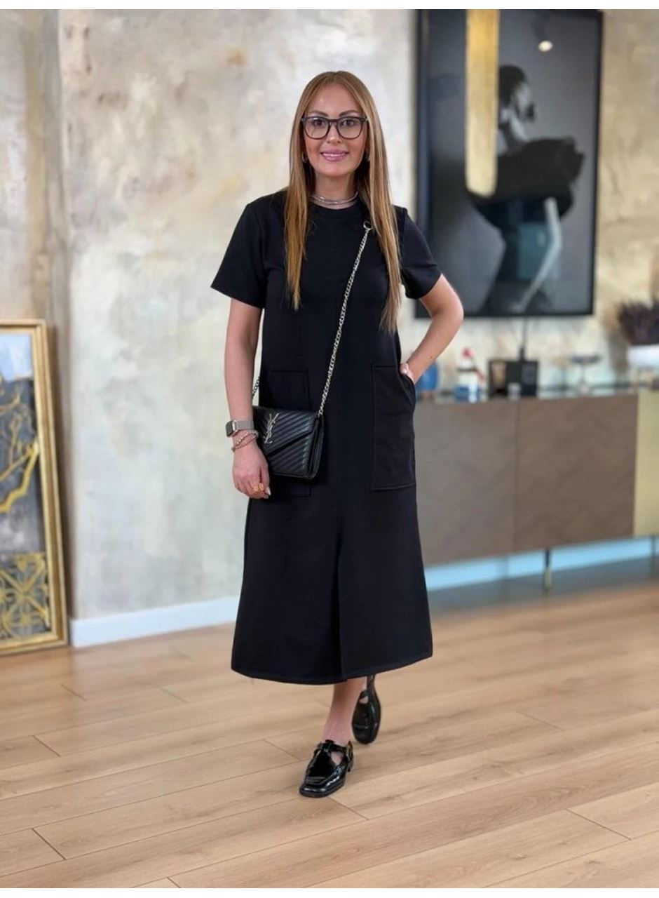 Kadın Kısa Kollu Bisiklet Yakalı Cepli önden Yırtmaçlı Viskon Iki Iplik Midi Elbise