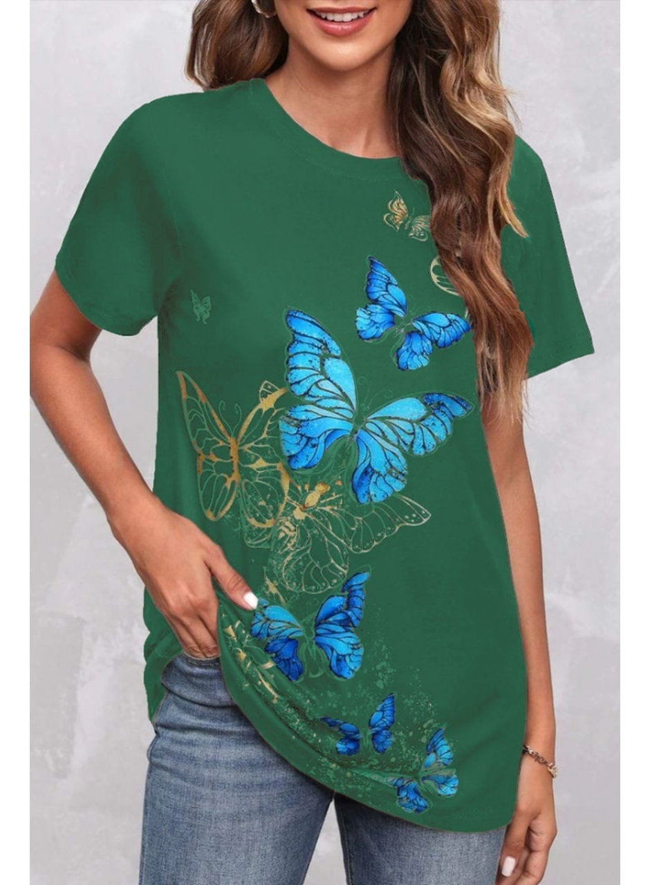 Kadın Kısa Kollu Mavi Sarı Kelebek Baskı Süprem Bluz