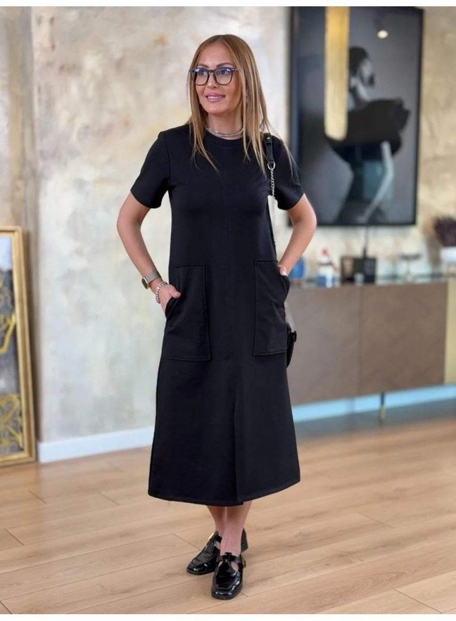 Kadın Kısa Kollu Bisiklet Yakalı Cepli önden Yırtmaçlı Viskon Iki Iplik Midi Elbise