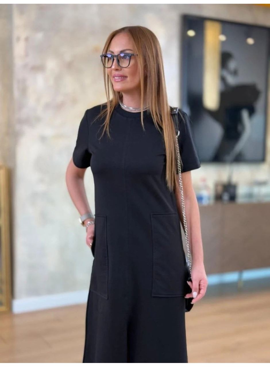 Kadın Kısa Kollu Bisiklet Yakalı Cepli önden Yırtmaçlı Viskon Iki Iplik Midi Elbise