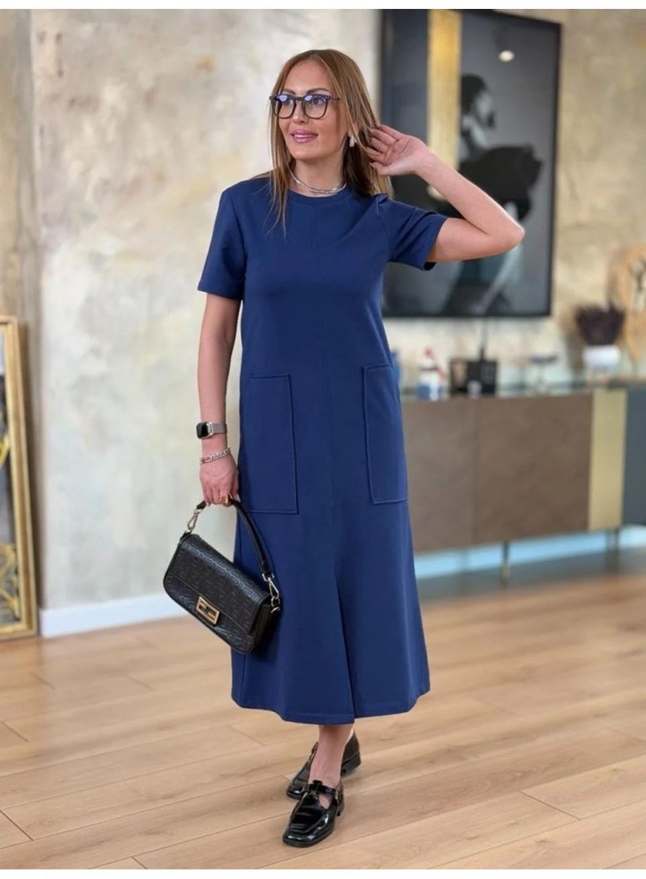 Kadın Kısa Kollu Bisiklet Yakalı Cepli önden Yırtmaçlı Viskon Iki Iplik Midi Elbise