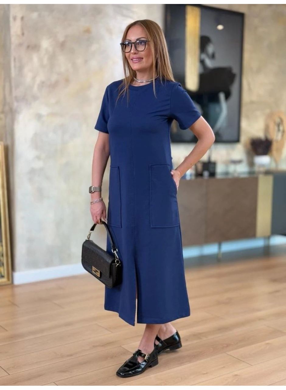 Kadın Kısa Kollu Bisiklet Yakalı Cepli önden Yırtmaçlı Viskon Iki Iplik Midi Elbise