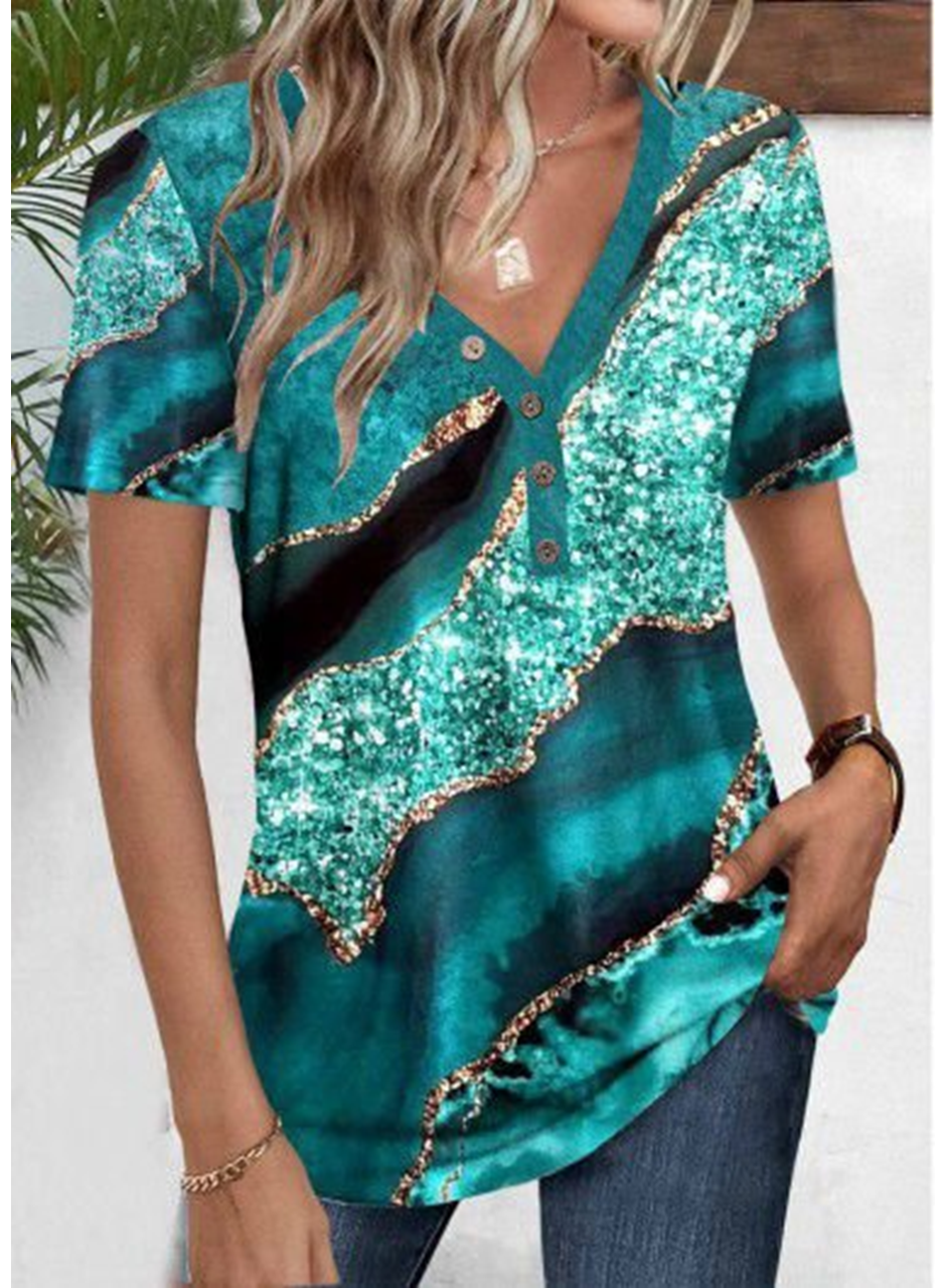 Kadın Kısa Kollu V Yakalı önden Düğmeli Baskılı Süprem Bluz