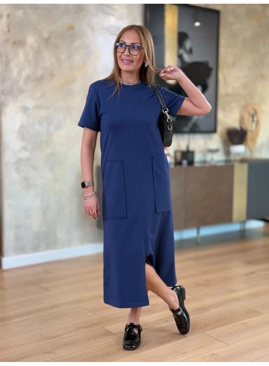 Kadın Kısa Kollu Bisiklet Yakalı Cepli önden Yırtmaçlı Viskon Iki Iplik Midi Elbise