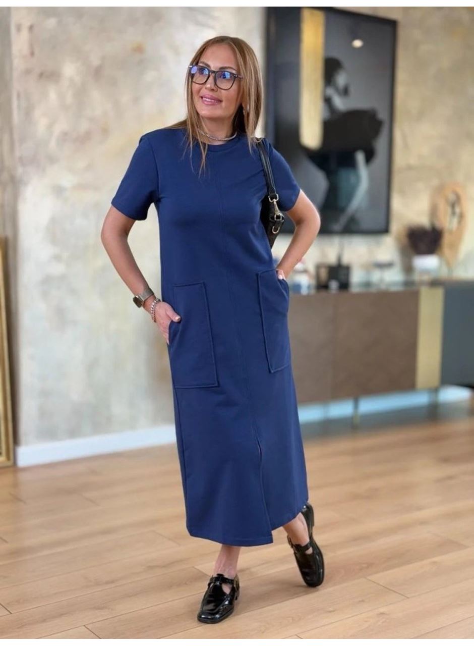 Kadın Kısa Kollu Bisiklet Yakalı Cepli önden Yırtmaçlı Viskon Iki Iplik Midi Elbise