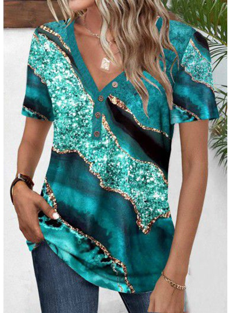 Kadın Kısa Kollu V Yakalı önden Düğmeli Baskılı Süprem Bluz