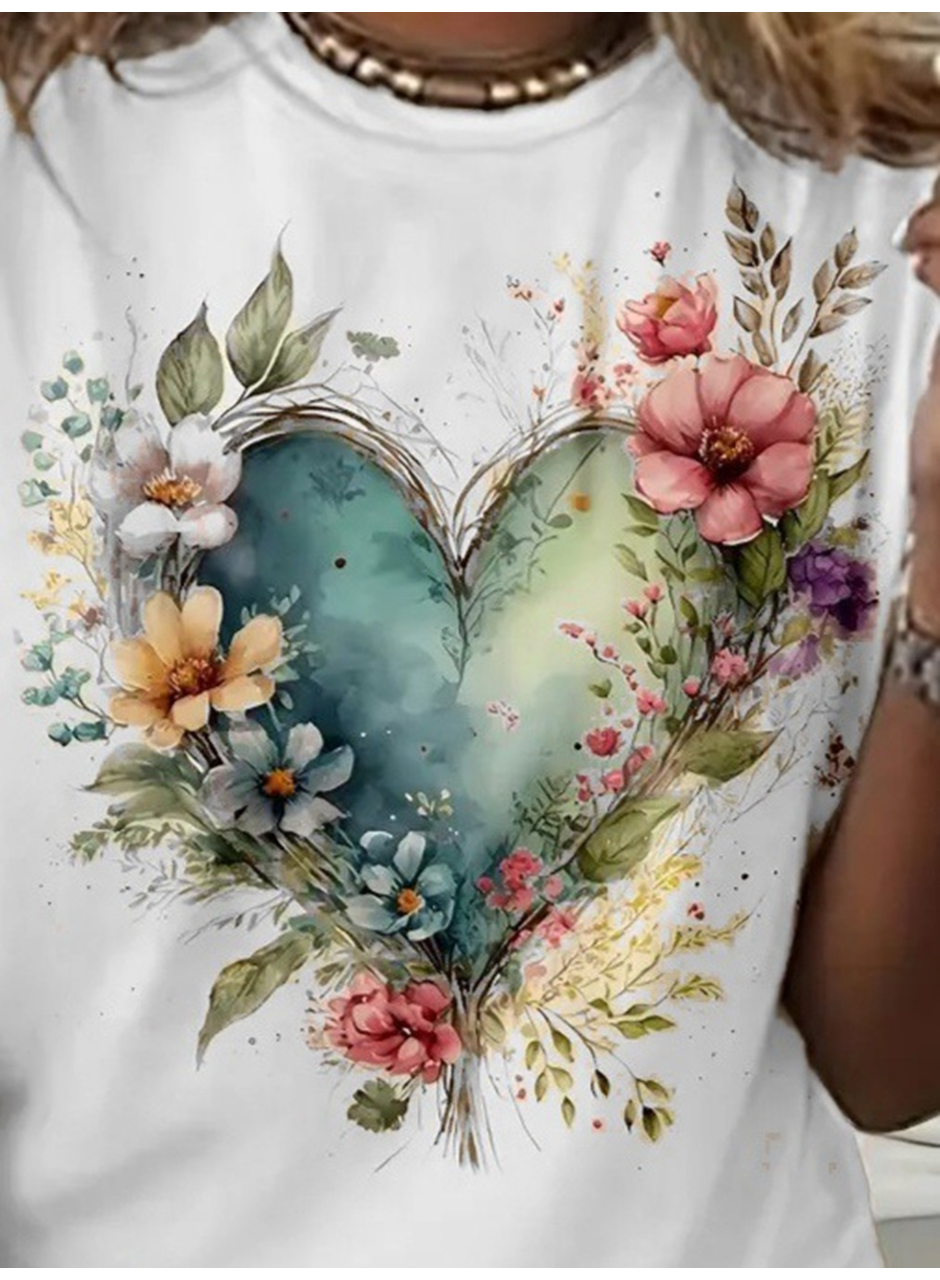 Kadın Kısa Kollu Bisiklet Yaka Kalp Desenli Süprem Bluz