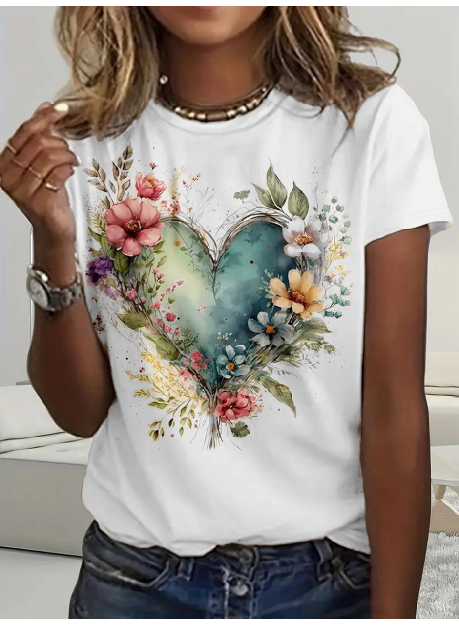 Kadın Kısa Kollu Bisiklet Yaka Kalp Desenli Süprem Bluz