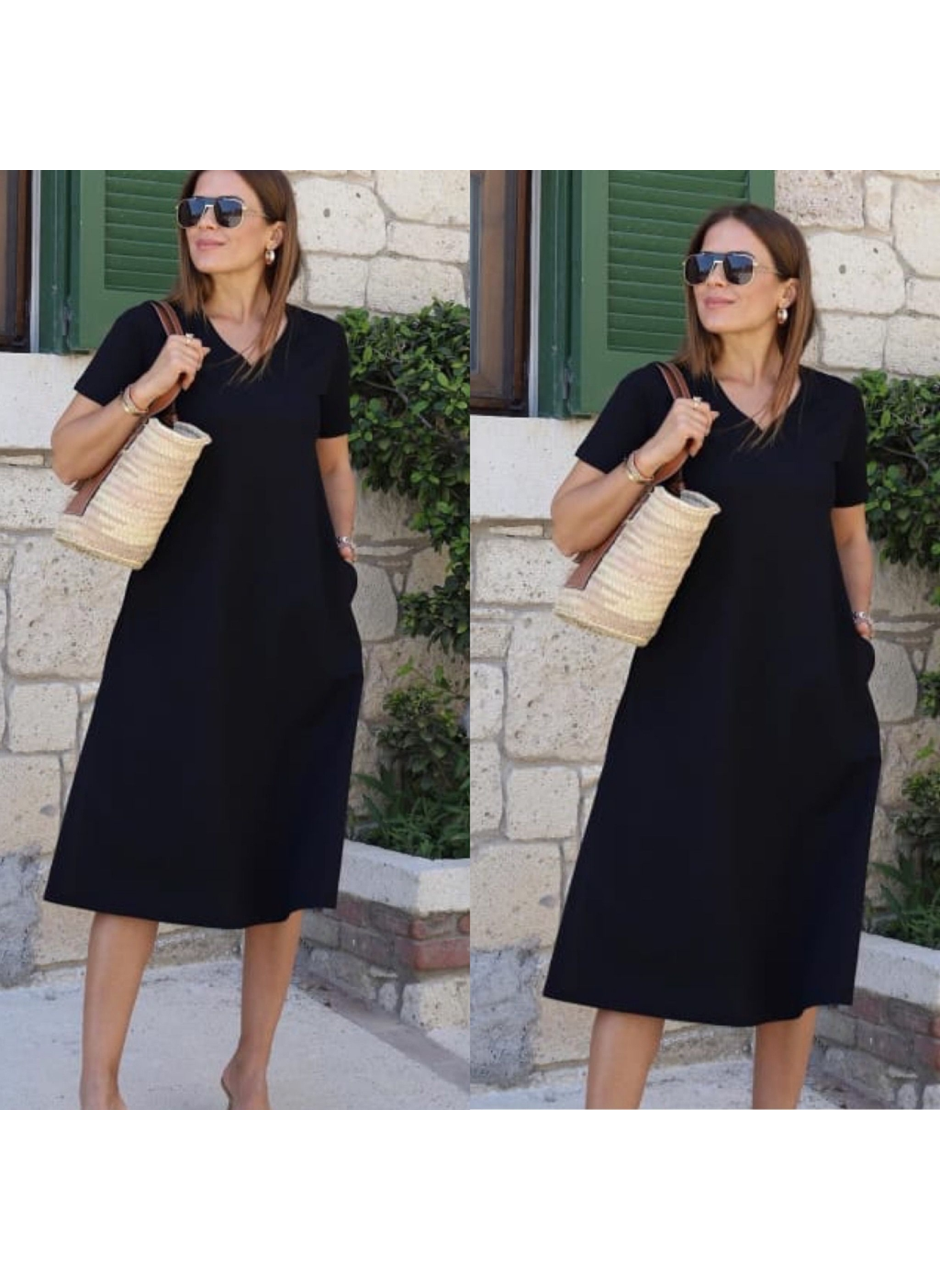 Kadın Kısa Kollu V Yaka Cepli Viskon Elbise