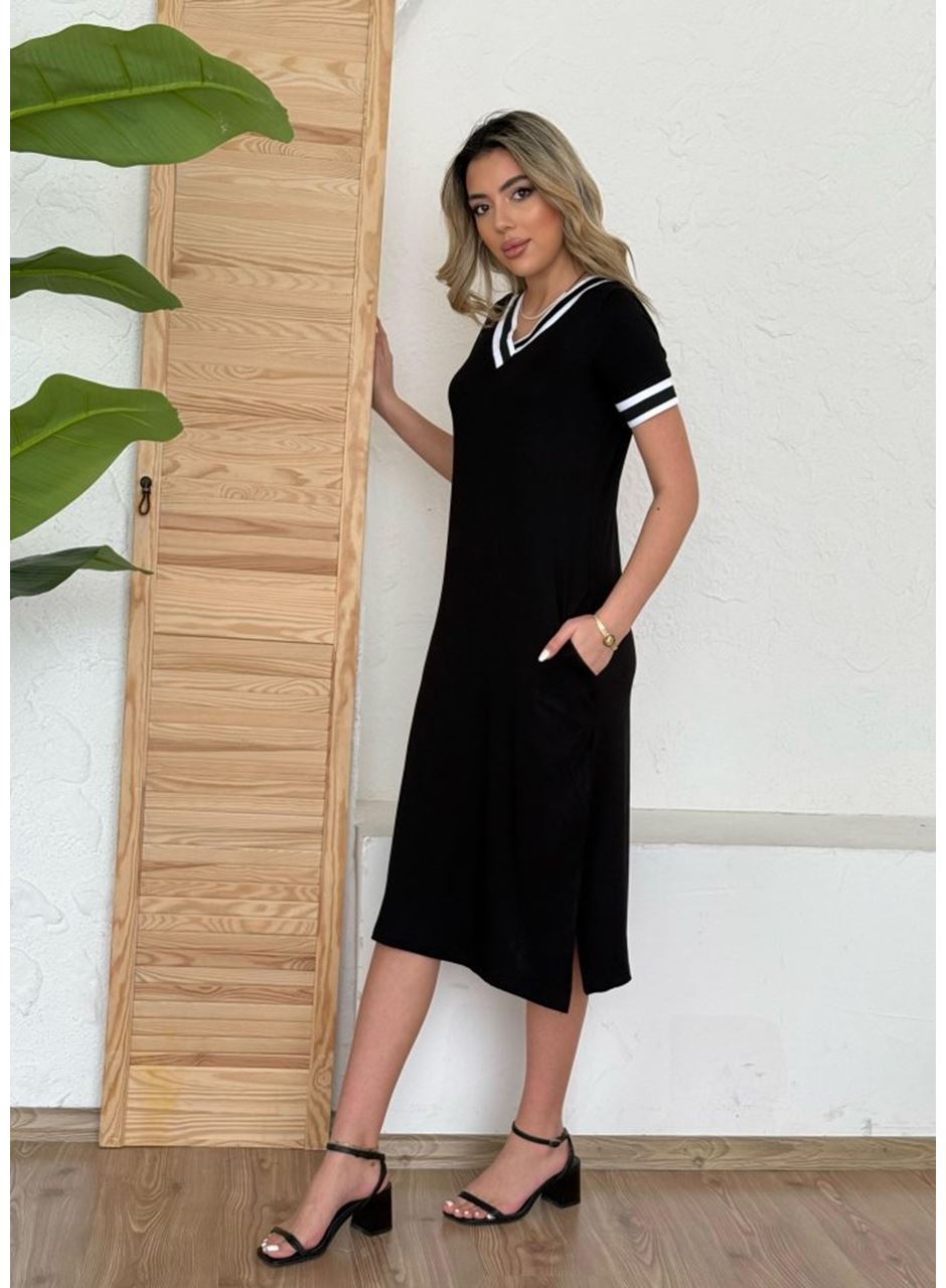 Kadın Kısa Kollu V Yaka Kol Ve Yaka Ribana Detay Midi Boy Viskon Elbise