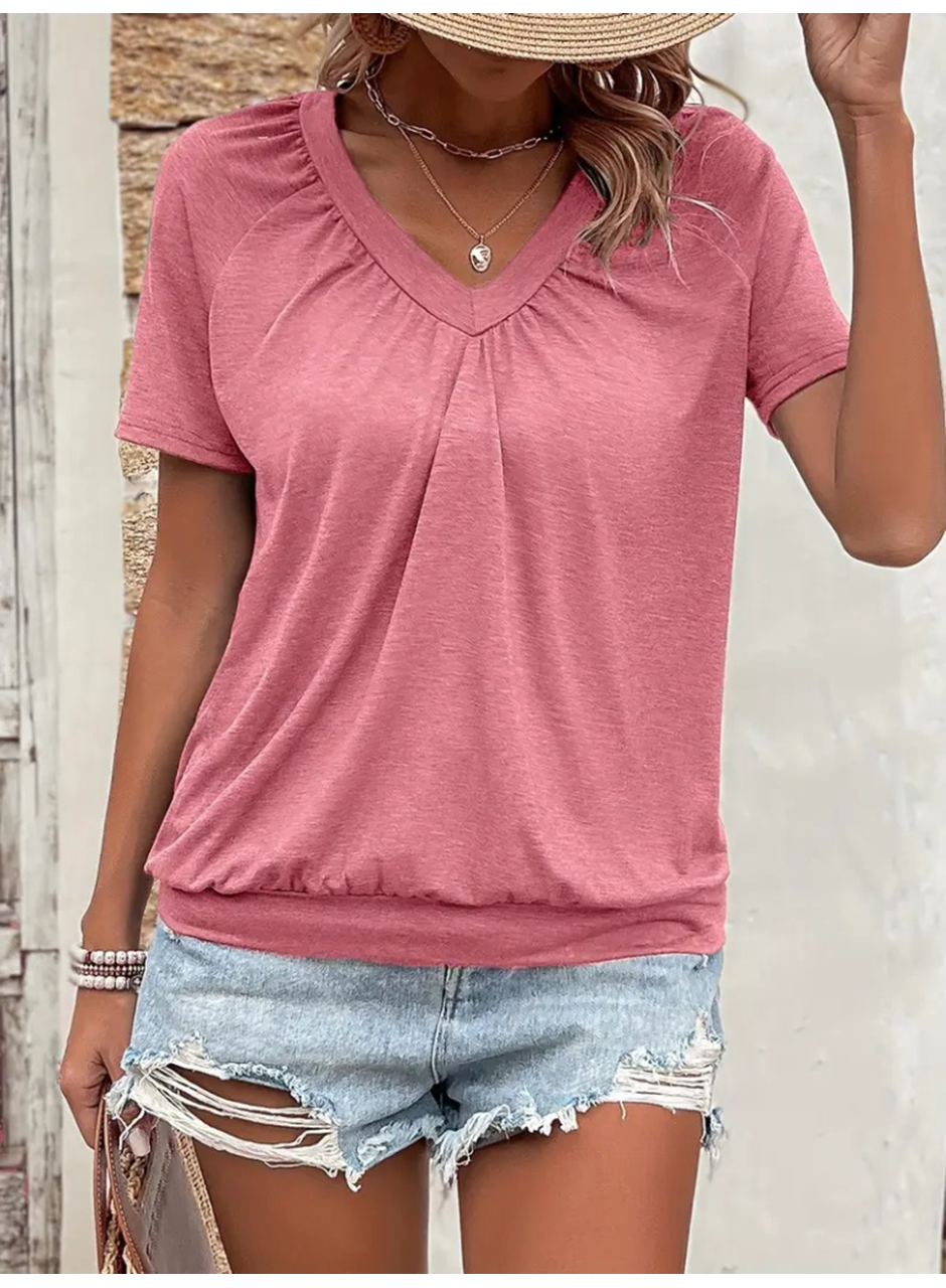 Kadın Kısa Kollu V Yakalı Büzgü Detaylı Viskon Bluz