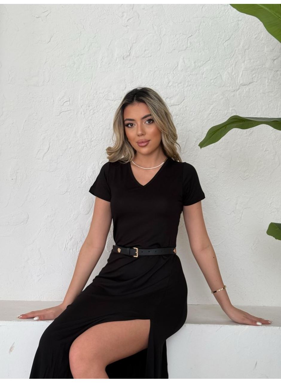 Kadın Kısa Kollu V Yaka Maxi Boy Elbise 124 Cm