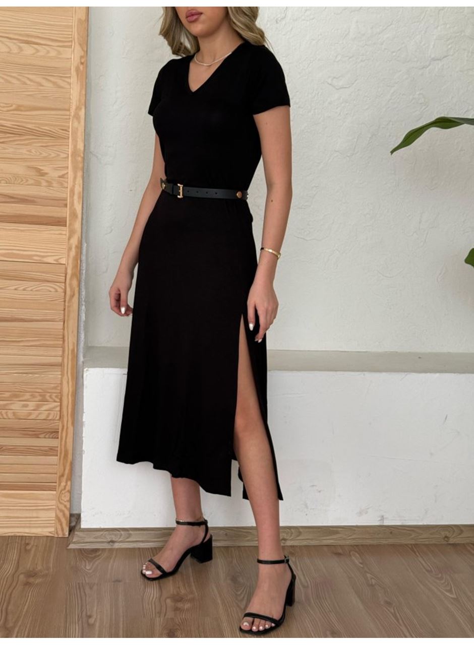Kadın Kısa Kollu V Yaka Maxi Boy Elbise 124 Cm