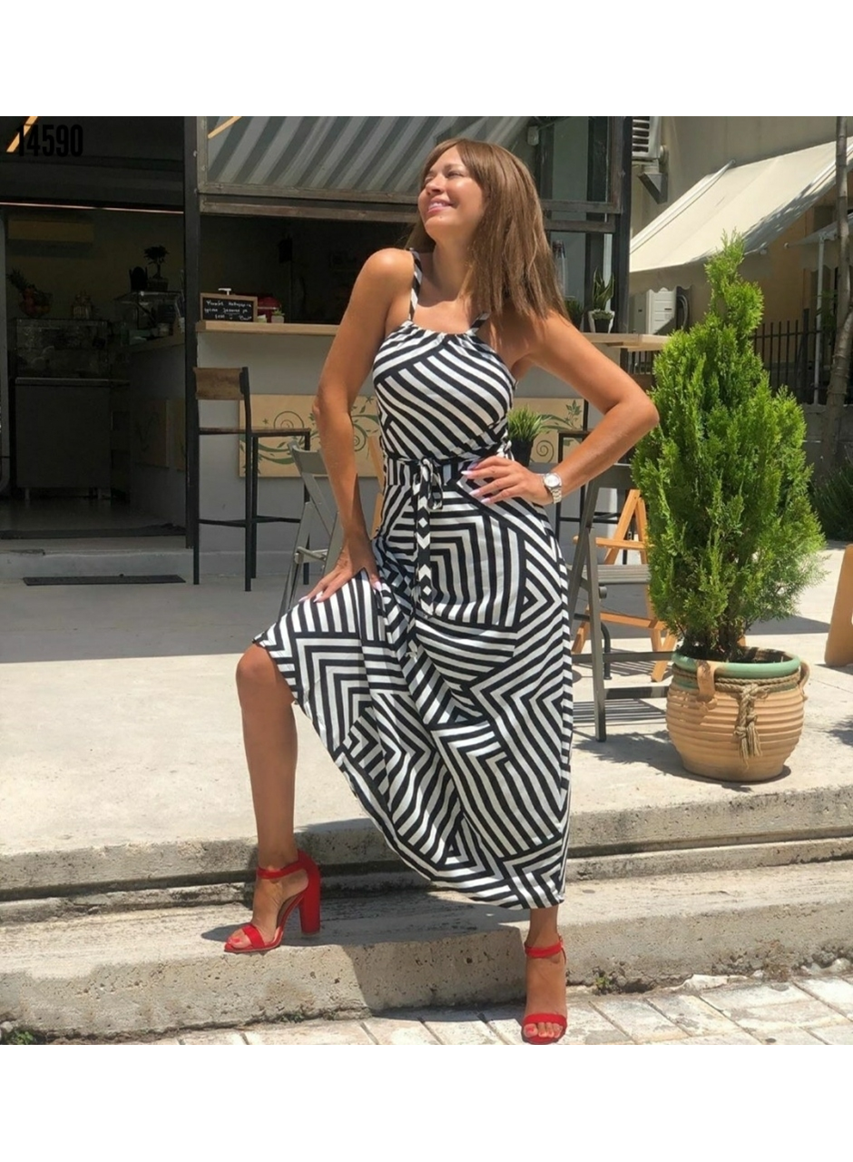 Kadın Ayarlanabilir Askılı Geometrik Desen Kuşaklı Gipeli Süprem Elbise