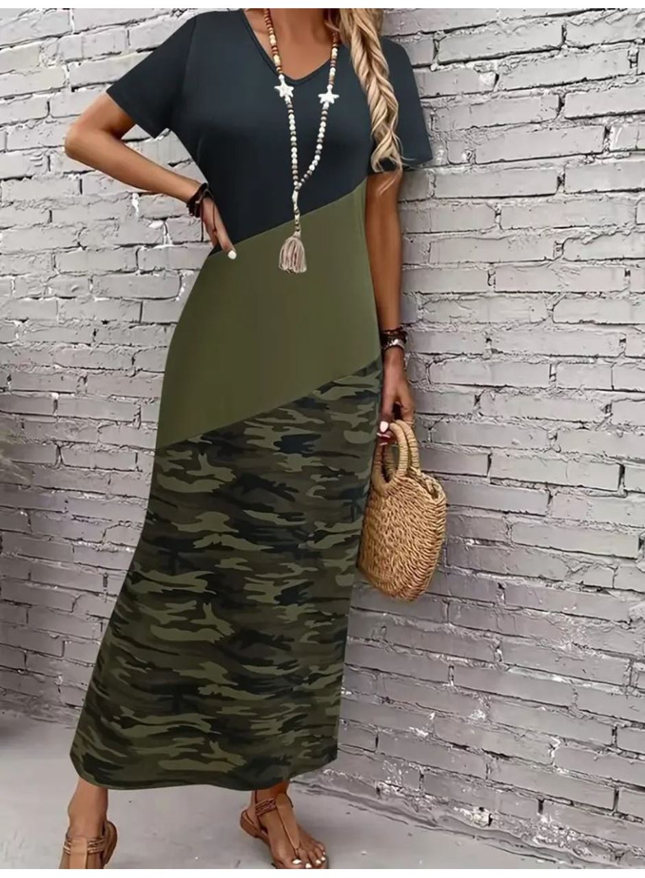 Kadın Kısa Kollu Bisiklet Yaka çok Renkli Maksi Viskon Elbise