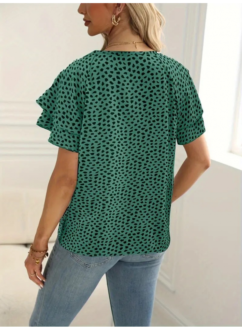 Kadın Kısa Kollu Kolları Volanlı Baskılı Süprem Bluz