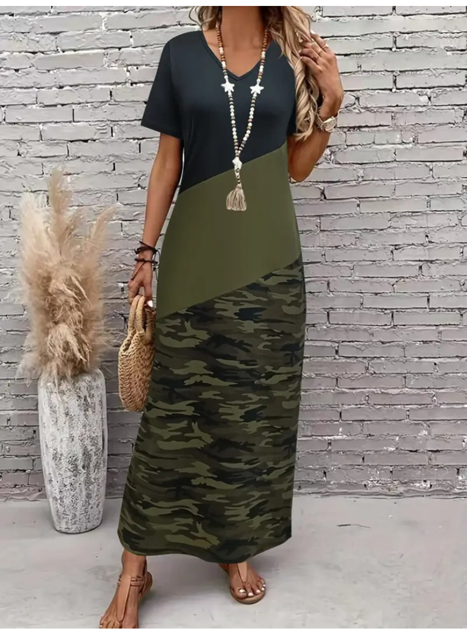 Kadın Kısa Kollu Bisiklet Yaka çok Renkli Maksi Viskon Elbise