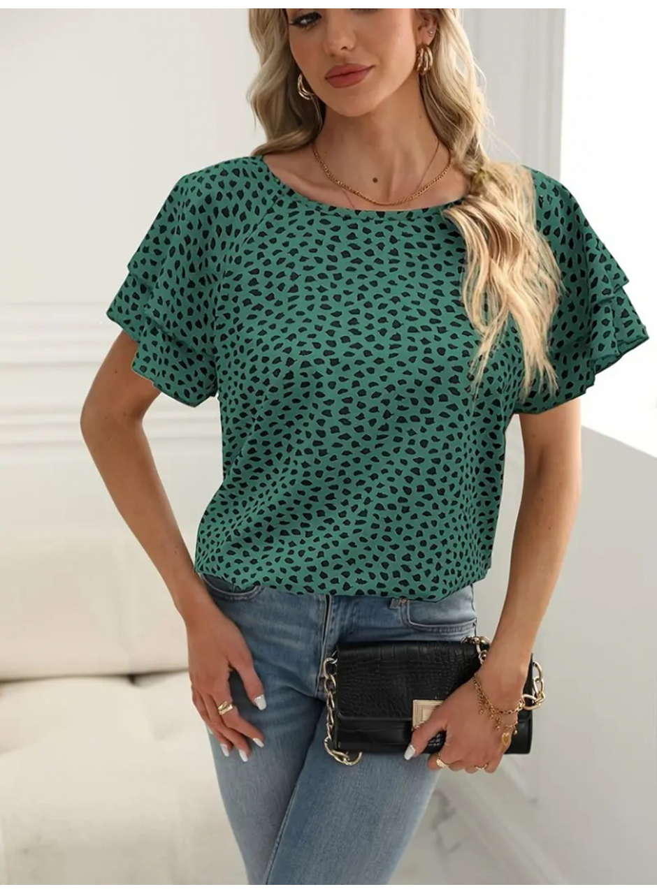 Kadın Kısa Kollu Kolları Volanlı Baskılı Süprem Bluz