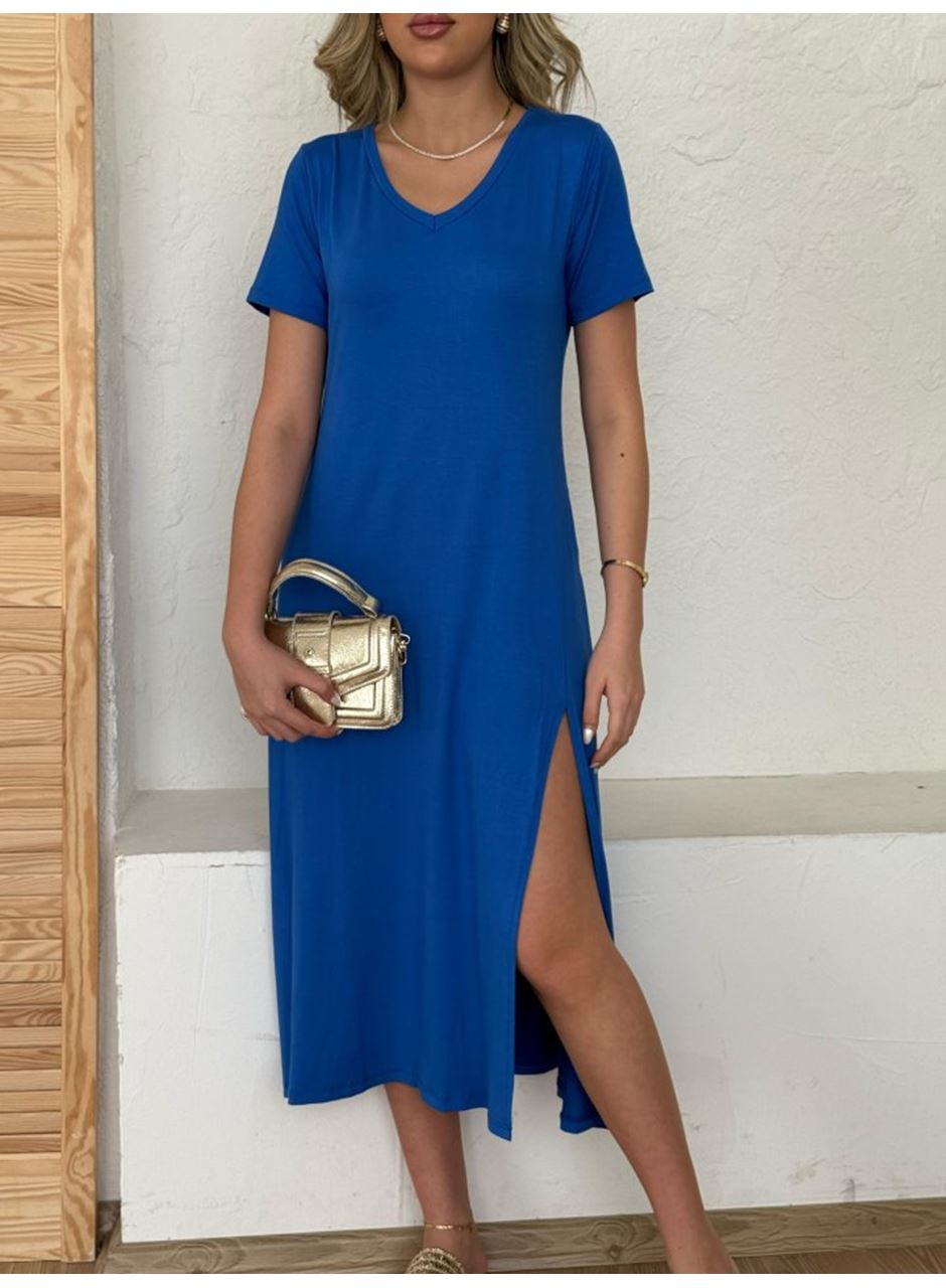 Kadın Kısa Kollu V Yaka Maxi Boy Elbise 124 Cm