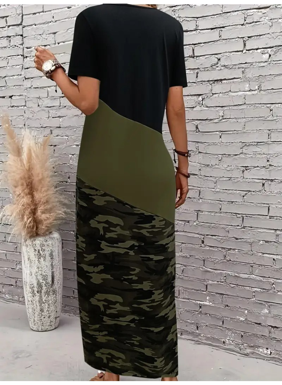 Kadın Kısa Kollu Bisiklet Yaka çok Renkli Maksi Viskon Elbise