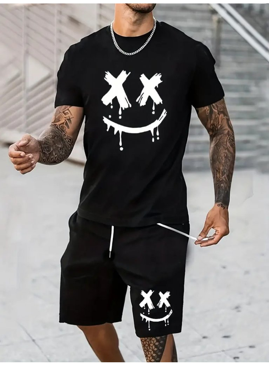 Erkek Kısa Kollu Bisiklet Yaka Baskılı Tişört Ipli Short Iki Iplik Takım