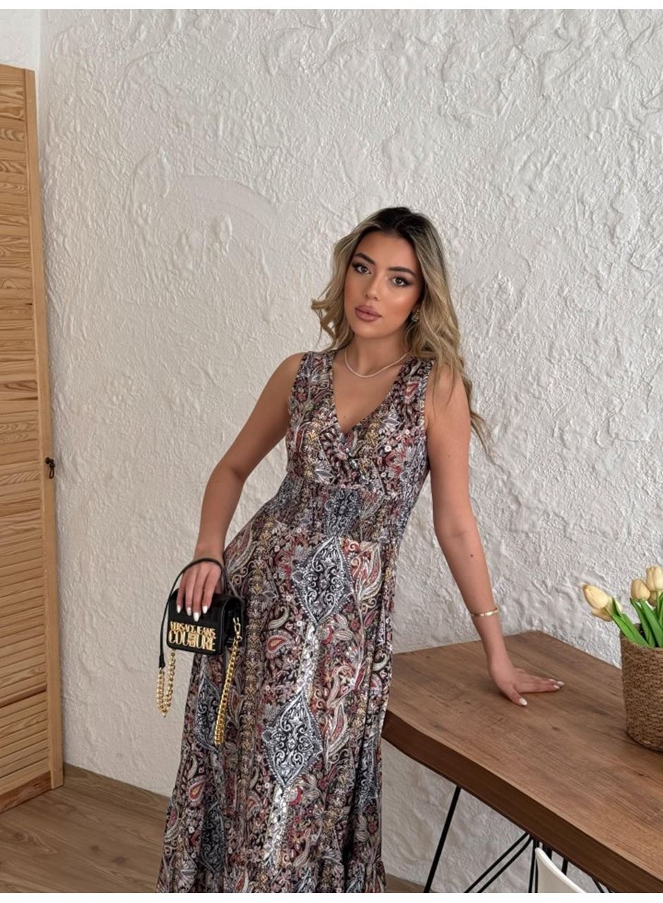 Kadın Beli Gipeli Etnik Desen Sıfır Kol Süprem Elbise