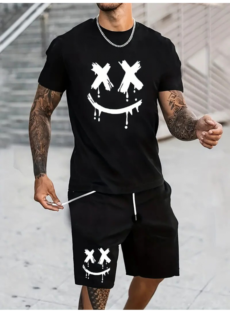 Erkek Kısa Kollu Bisiklet Yaka Baskılı Tişört Ipli Short Iki Iplik Takım