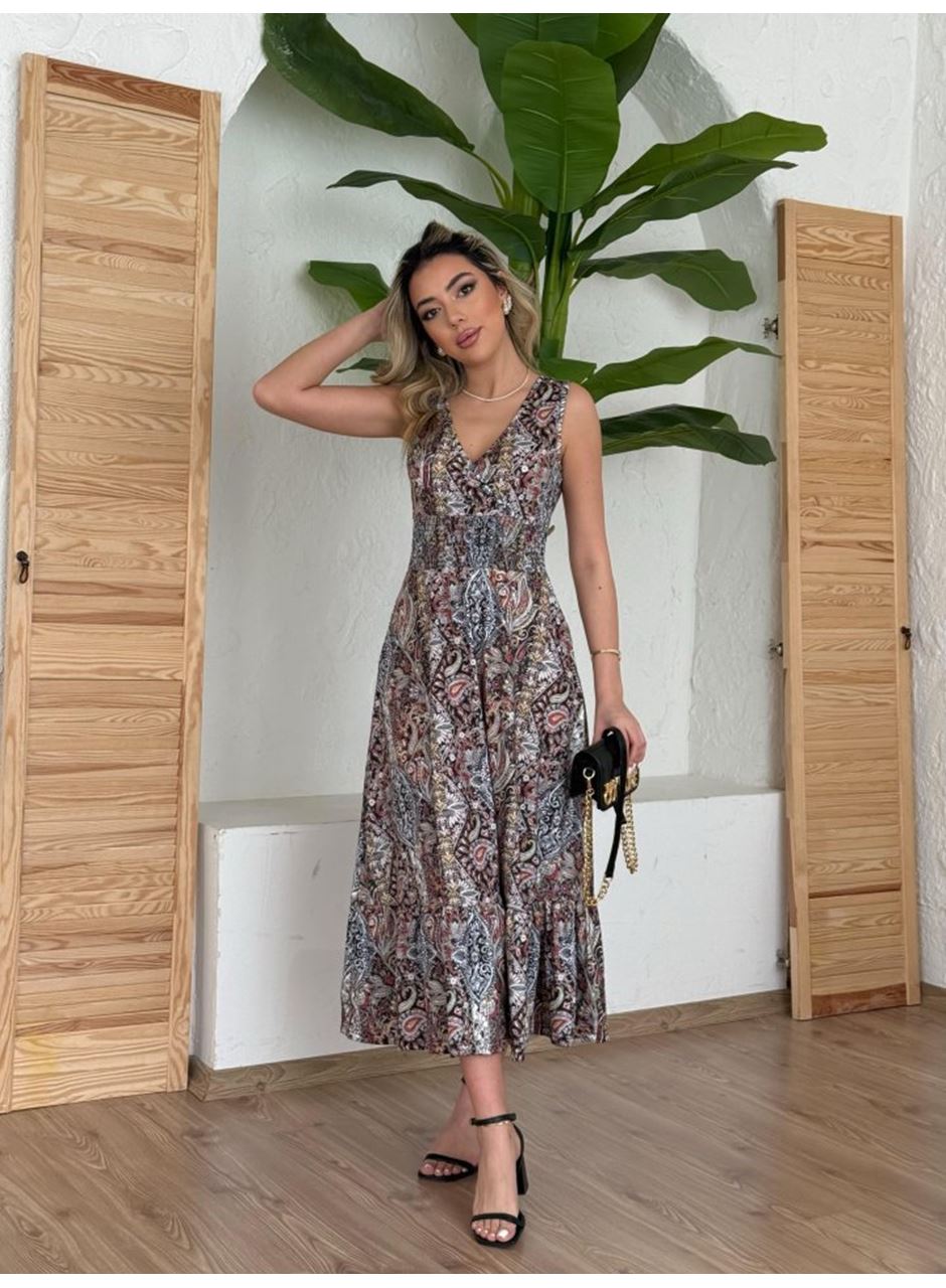 Kadın Beli Gipeli Etnik Desen Sıfır Kol Süprem Elbise