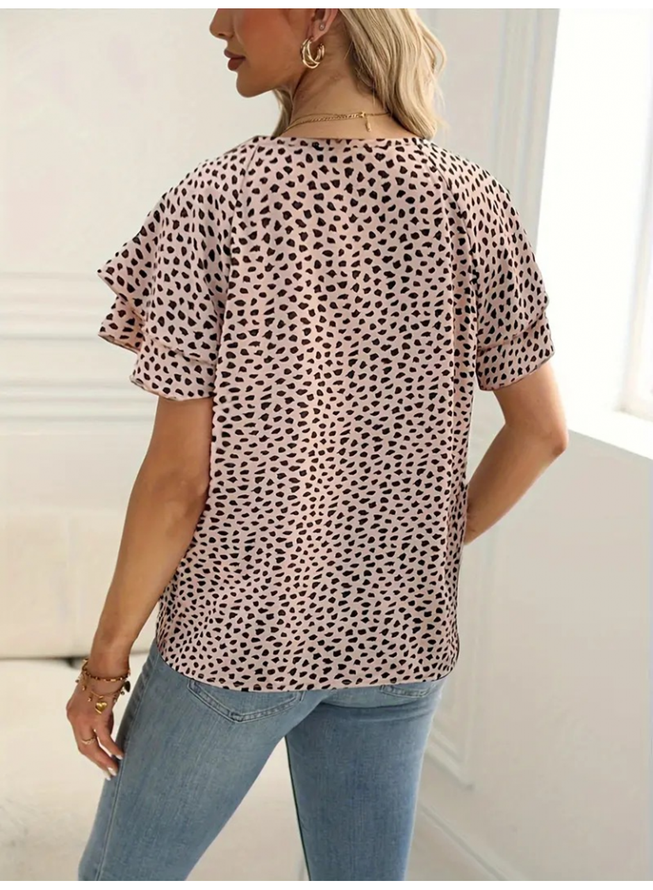 Kadın Kısa Kollu Kolları Volanlı Baskılı Süprem Bluz