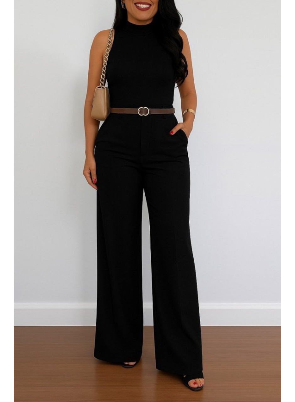 Kadın Yüksek Bel Geniş Paça Detaylı Cepli Ithal Krep Pantolon