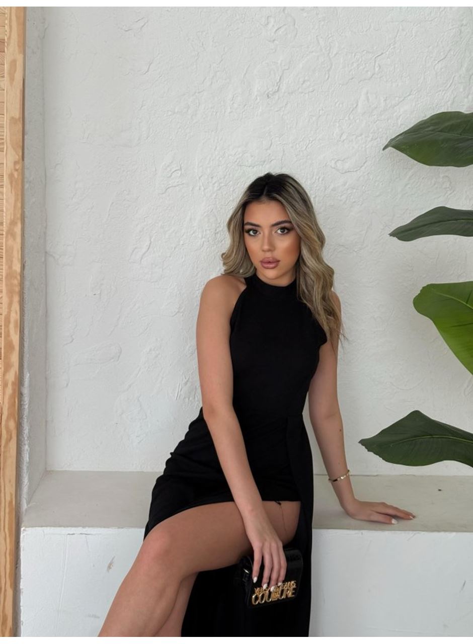 Kadın Halter Yaka Derin Yırtmaç Detaylı Tam Boy Ithal Krep Abiye Elbise