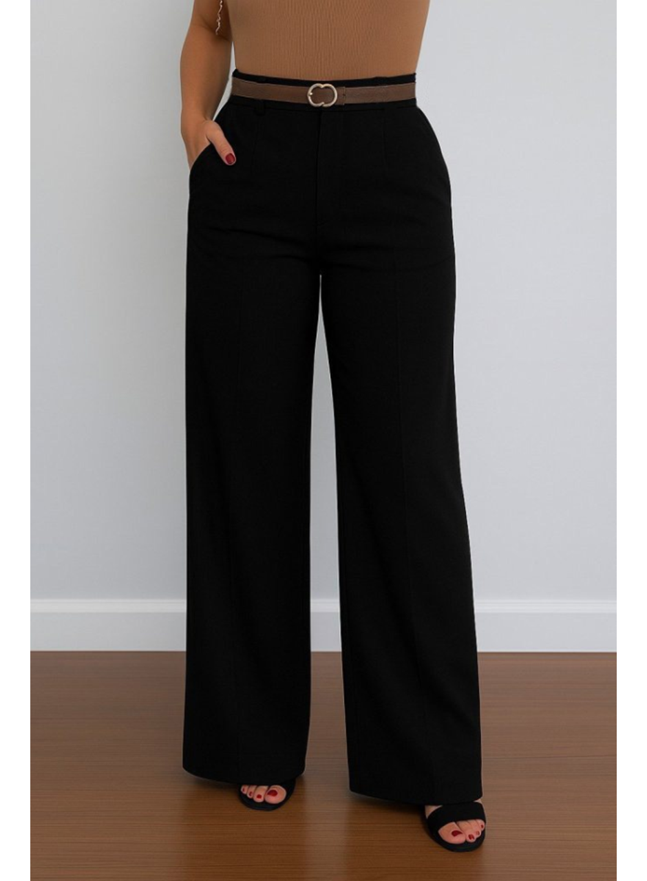 Kadın Yüksek Bel Geniş Paça Detaylı Cepli Ithal Krep Pantolon