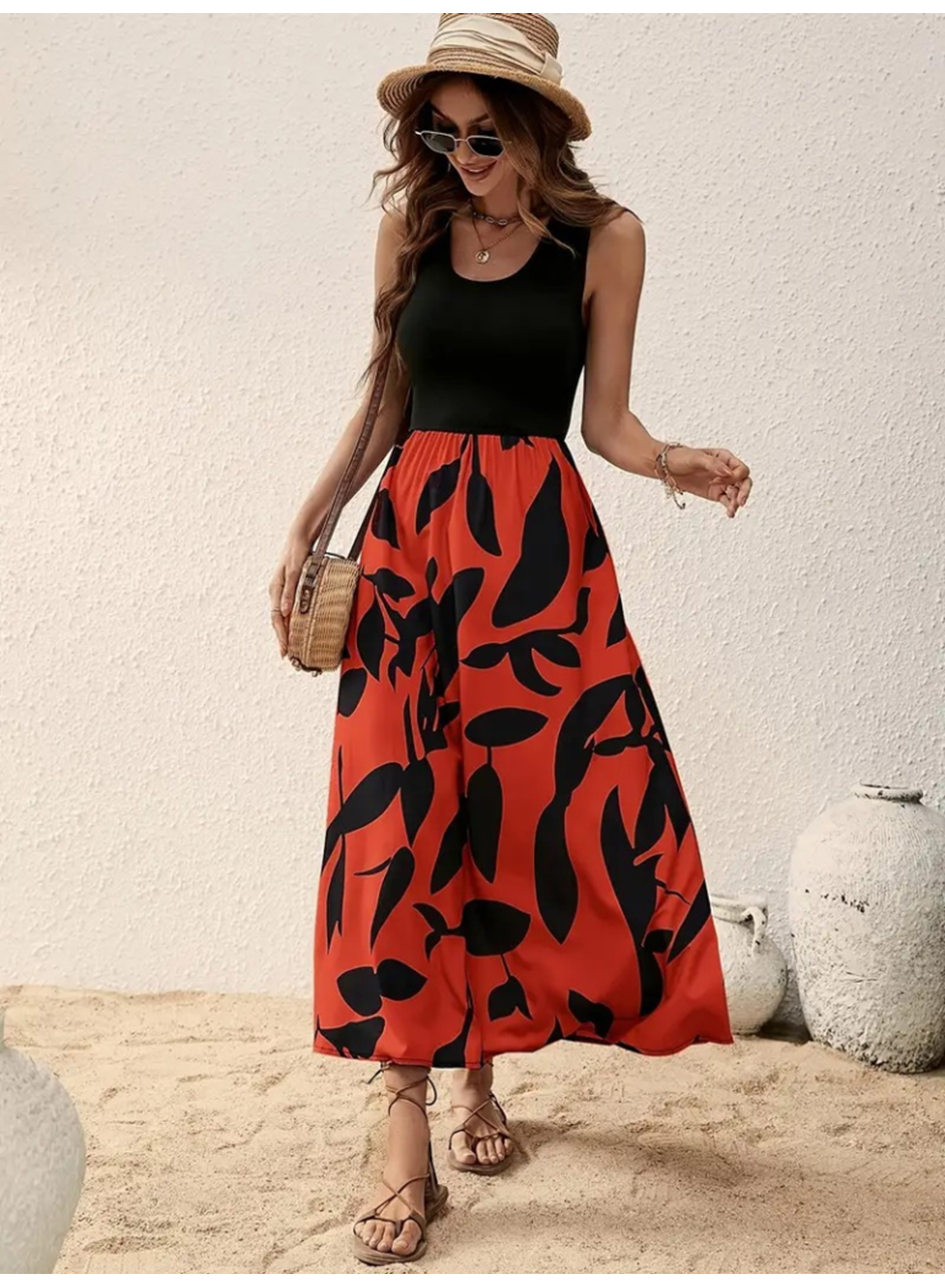 Kadın Askılı Yuvarlak Yaka üst Viskon Alt Desenli Uzun Süprem Elbise