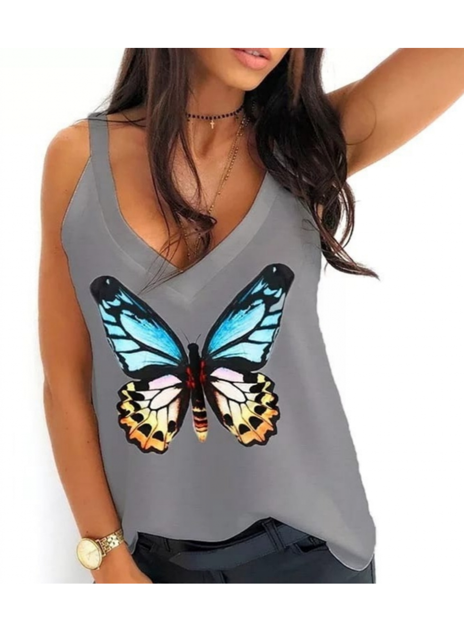 Kadın Kelebek Baskılı Sandy Kumaş Askılı Bluz