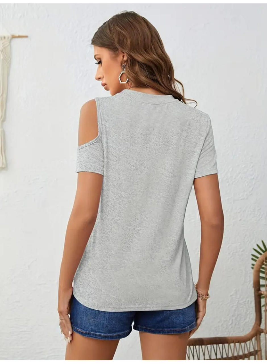 Kadın Kısa Kollu Tek Omuzu Açık Damla Detaylı Viskon Bluz