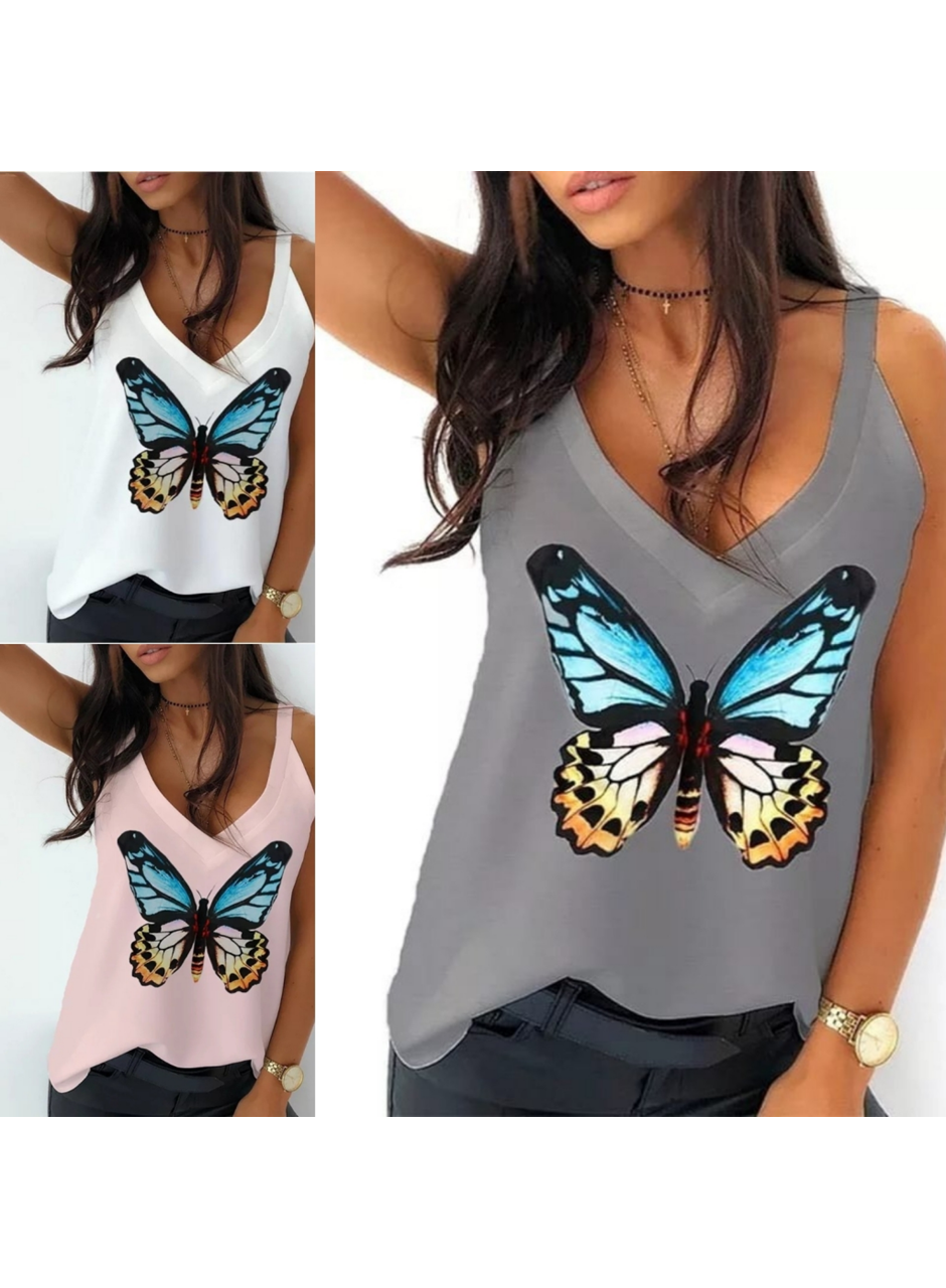 Kadın Kelebek Baskılı Sandy Kumaş Askılı Bluz