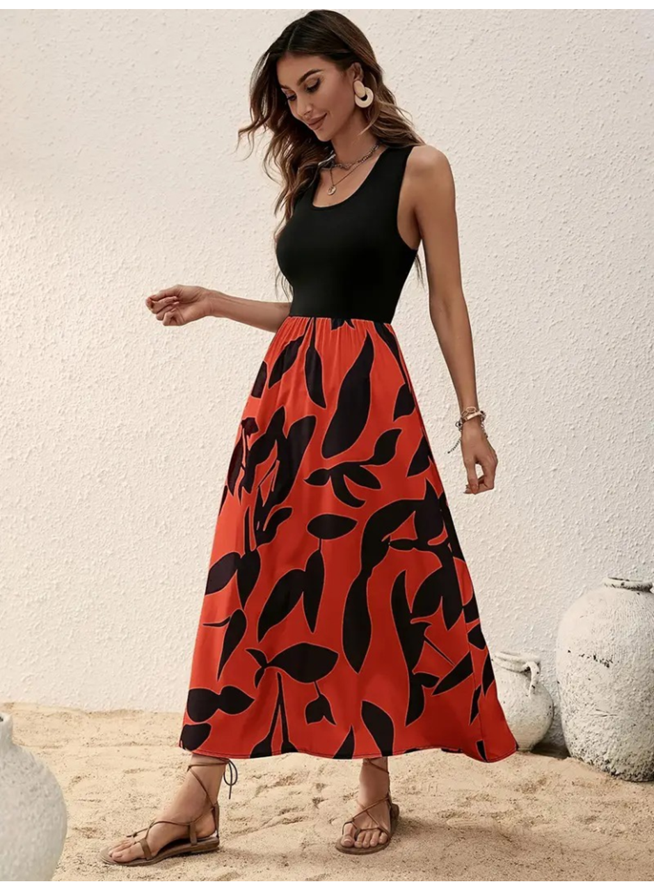 Kadın Askılı Yuvarlak Yaka üst Viskon Alt Desenli Uzun Süprem Elbise