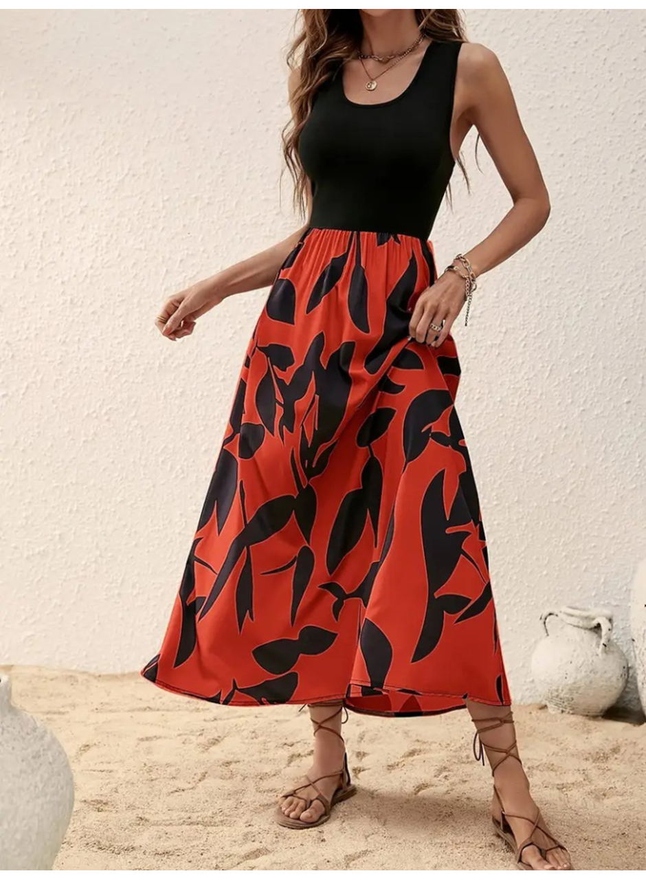 Kadın Askılı Yuvarlak Yaka üst Viskon Alt Desenli Uzun Süprem Elbise