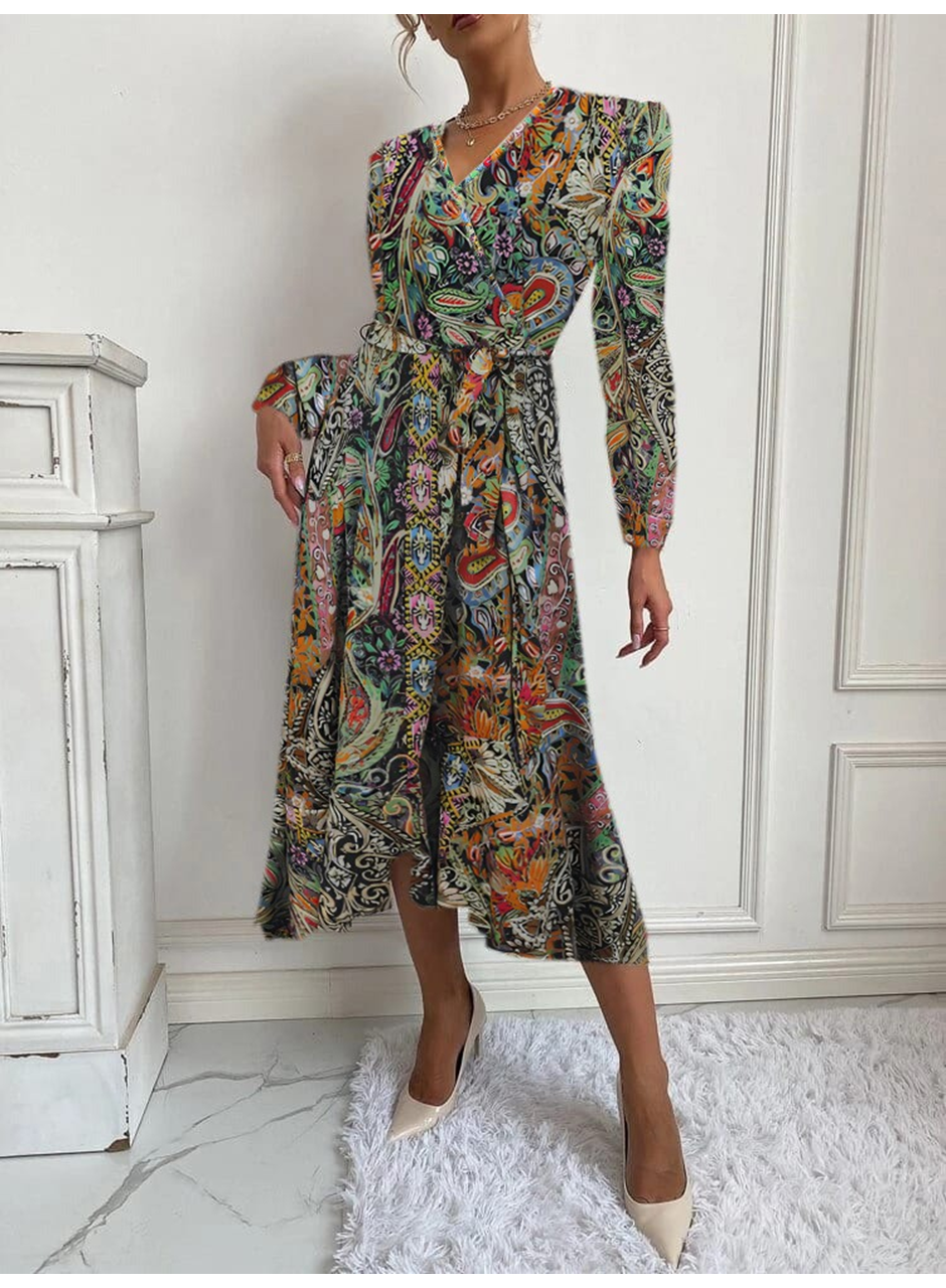 Kadın Uzun Kollu Kruvaze Yakalı Belden Kuşaklı Leopar