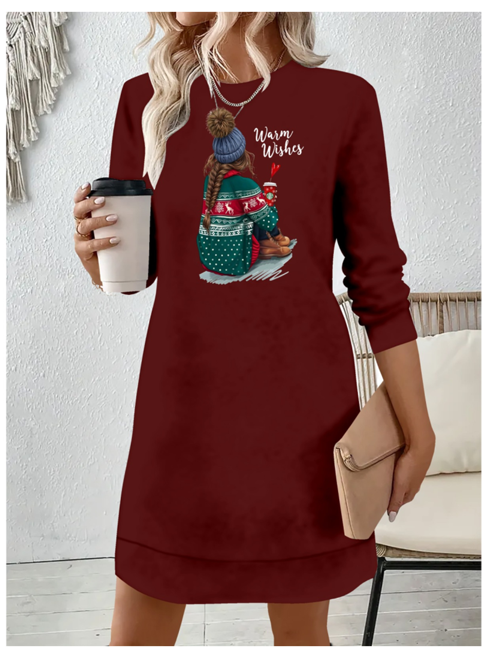 Kadın Uzun Kollu Bisiklet Yaka Desenli Viskon Iki Iplik Elbise